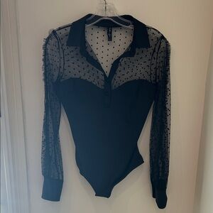 Thistle and Spire Black Sheer Polka-Dot Long Sleeve Bodysuit